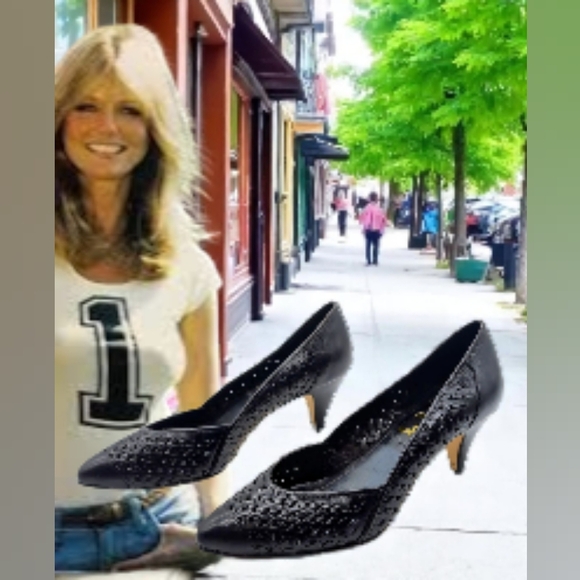 Vintage Cheryl Tiegs Sz 8.5 Black Leather Cut work Women's Heels - Picture 1 of 8